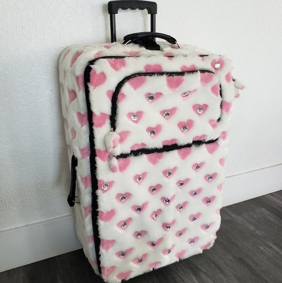 White Pink Faith Knight Faux Fur L Luggage - Picture 1 of 11